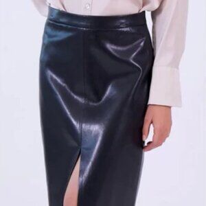 Black Knee-Length Soft Faux Leather Pencil Skirt